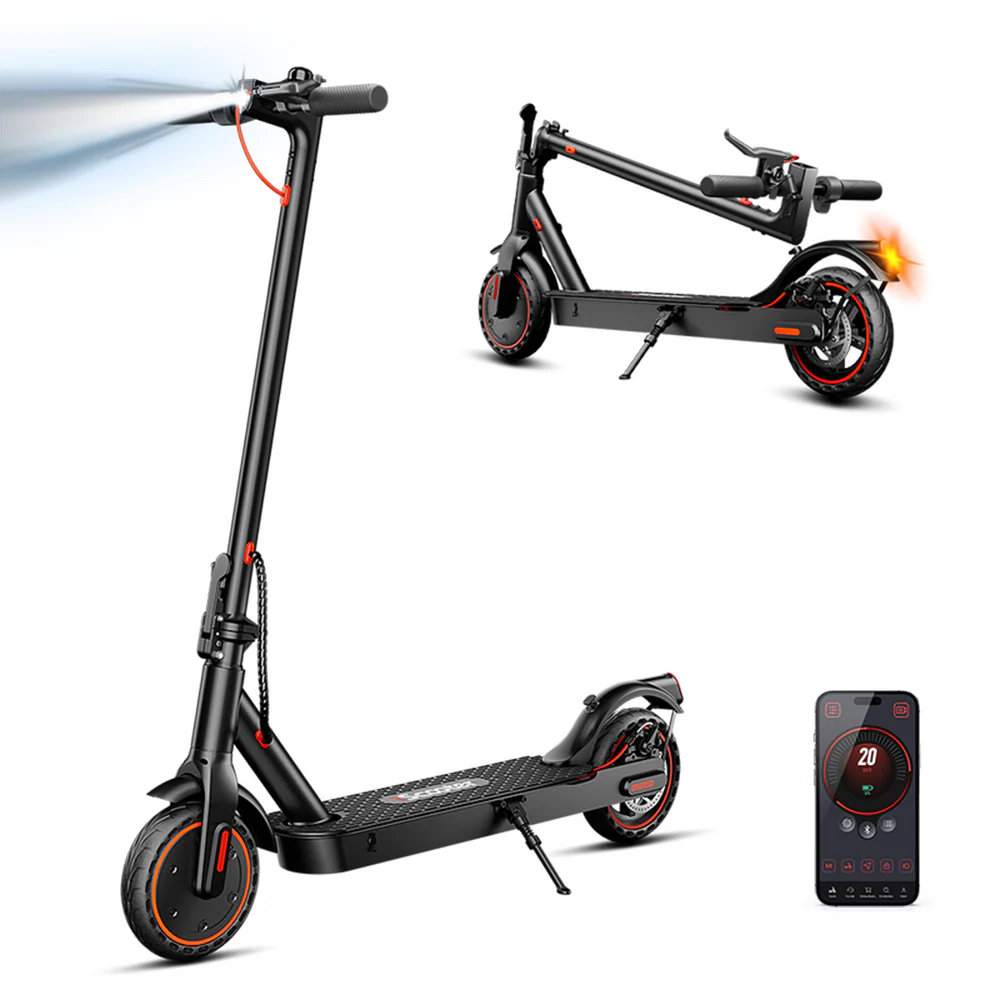 Black folding electric scooter shown upright, folded and with mobile app