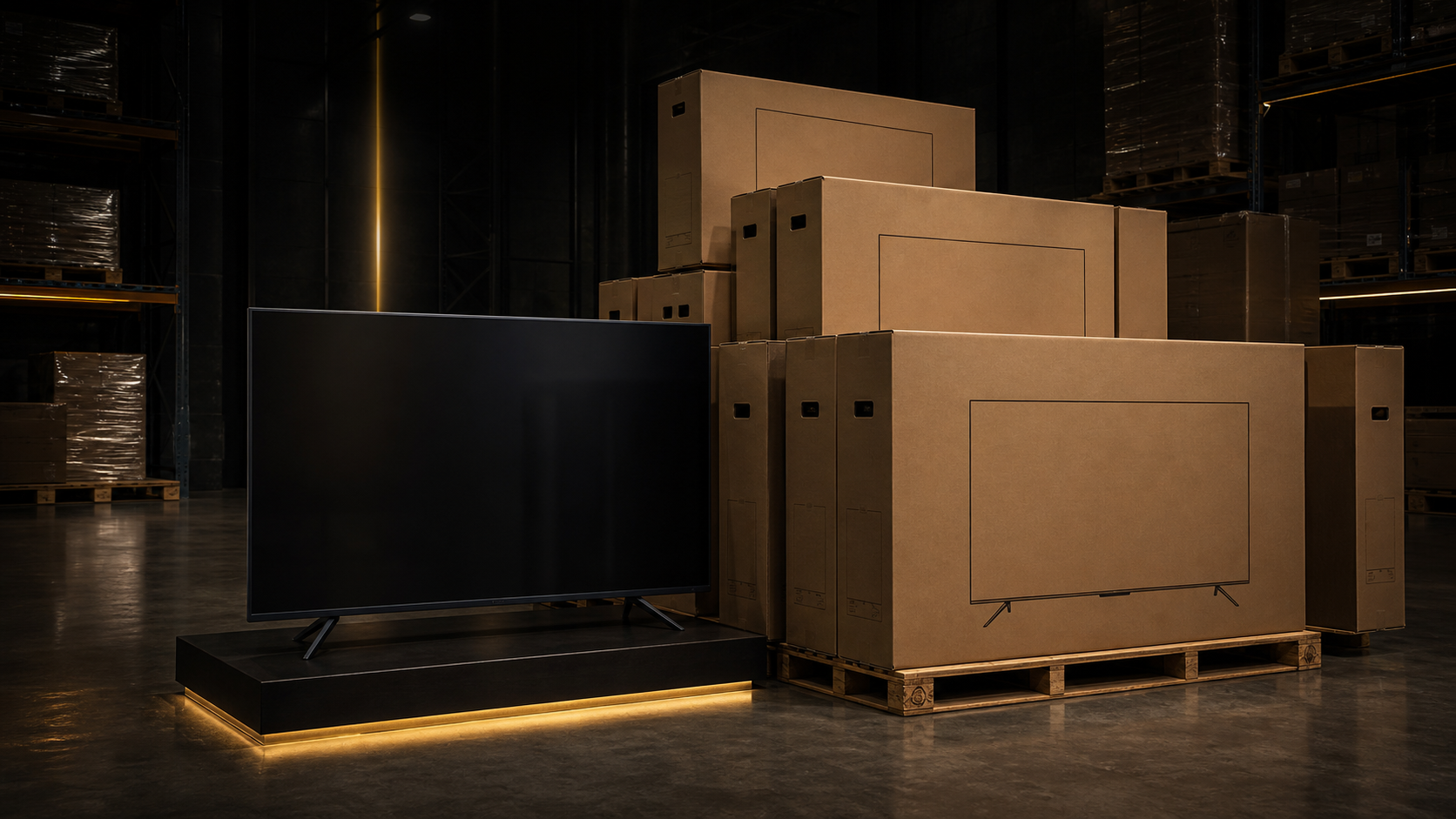 Illustrative unbranded wholesale TV lot in a warehouse
